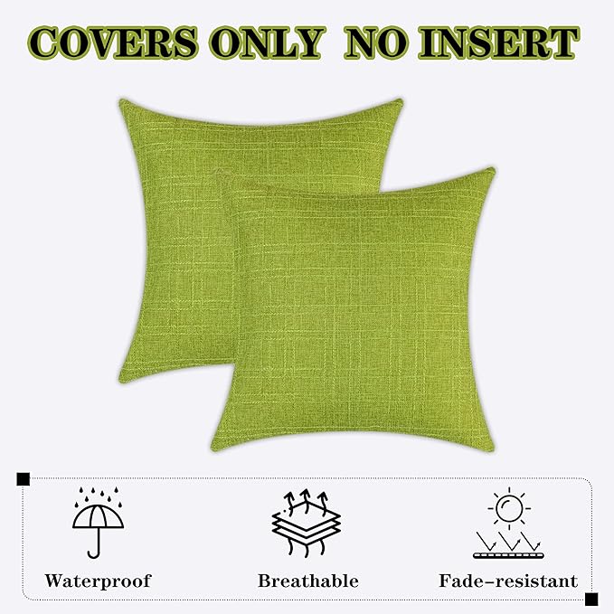 Kevin Textile Pack of 2 Outdoor Waterproof Throw Pillow Covers Spring Decorative Farmhouse Checkered Square Solid Cushion Cases for Patio Garden Porch Sofa Green 18x18 inch