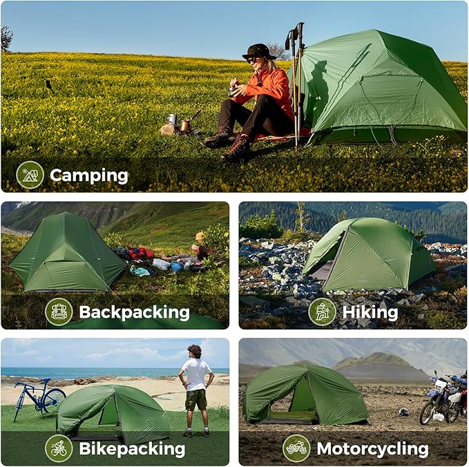 ATEPA Ultralight Backpacking Tent, 2 Person 1 Person Nylon Lightweight 4000MM+ Waterproof Windproof Portable Tent with Aluminum Frame & Rainfly for Backpacking Hiking Camping Motorcycle, 4 Season