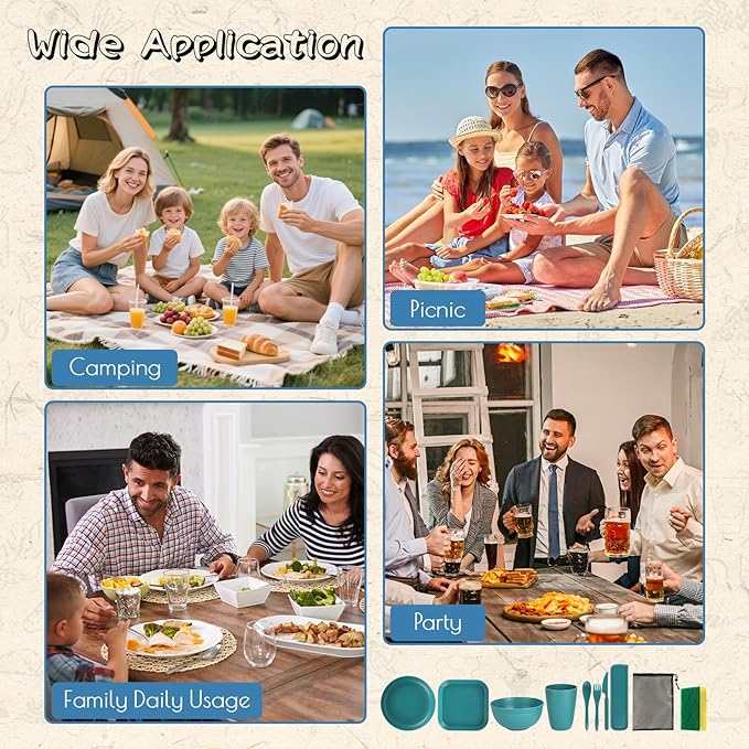 Wheat Straw Dinnerware Sets,48 Piece Unbreakable Dinnerware Sets,Reusable Wheat Straw Plates and Bowls Sets of 6 Person,Camping Mess Kit for Travel,Camping Essentials,Picnic,Home,Party