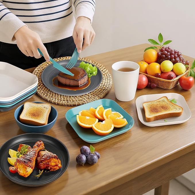 Wheat Straw Dinnerware Sets,48 Piece Unbreakable Dinnerware Sets,Reusable Wheat Straw Plates and Bowls Sets of 6 Person,Camping Mess Kit for Travel,Camping Essentials,Picnic,Home,Party