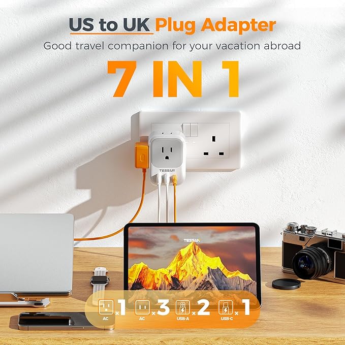 UK Adapters for Travel, TESSAN US to UK Ireland Plug Adapter 20W, Foldable Power Adaptor with 4 Outlets 3 USB(PD 20W 1 USB C) Charger, Type G for USA to Scotland London England HongKong Dubai Irish