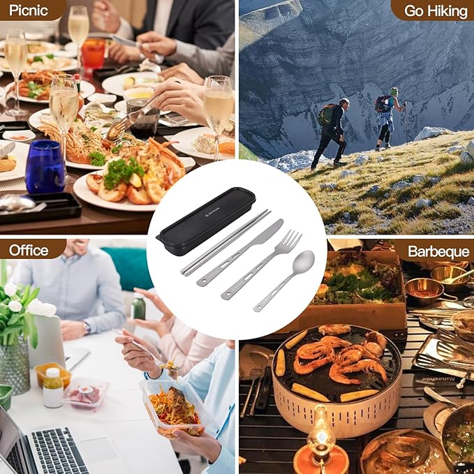 Pure Titanium Utility Cutlery Set, Portable tableware titanium utensil set with case, Pure Titanium Table Spoon Fork Chopsticks Knife set for Outdoor Travel Camping Backpacking (Total 5 PCS)