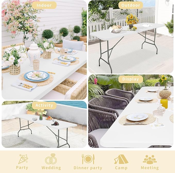 Folding Table 6 FT Lightweight Camping Table Portable Plastic Rectangular Outdoor Dining Table Steel Legs Fold-in-Half with Carrying Handle for Indoor,Picnic,Party,Wedding,Events(White)