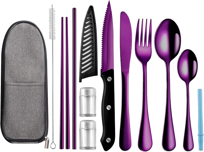 Travel Utensils with Case,Reusable Utensils,Portable Travel Camping Cutlery Set,Stainless Steel Flatware Set,Lunch Boxes Workplace Camping School Picnic (Purple)