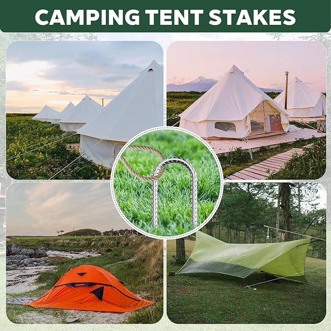 10 PCS Trampoline Stakes Anchors High Wind Heavy Duty,U Shaped Garden Hooks Stakes for Ground,Trampoline Tie Down Anchor Kit,Bounce Horseshoe House Stake,Rebar Camping Tent Stakes,16 Inch Long Silver