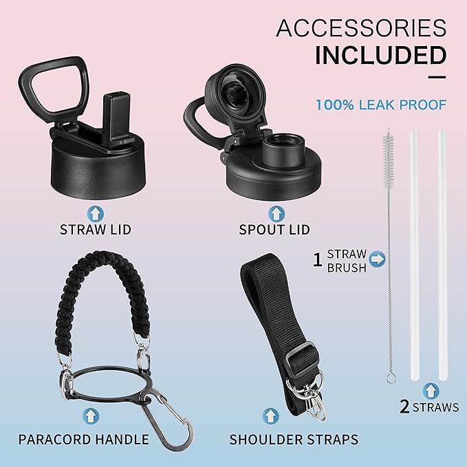 KXIAOCHEN Insulated Water Bottle, Stainless Steel Water Bottle, 2 Lids (Straw and Handle Lid),Wide Mouth Metal Water Bottles Keep Hot and Cold, Double Walled, Thermo Mug, Metal Canteen