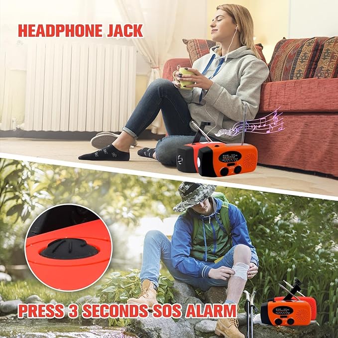 Solar Emergency Hand Crank Weather Radio, Portable Self Powered NOAA AM/FM Radios with SOS Alarm LED Flashlight 5000mAh Power Smart Phone USB Charger for Camping (5000mAh Orange)