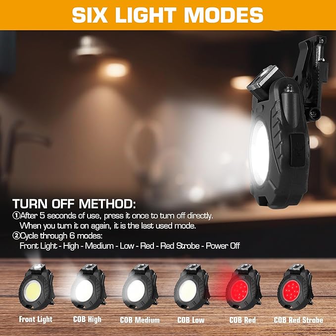 EverBrite Mini Hat Clip Light, Rechargeable Magnetic Keychain Work Light with Sensor Mode, 180° Rotatable Bracket, Bottle Opener, Clip Design - for Hiking, Camping, 6 Modes, Black