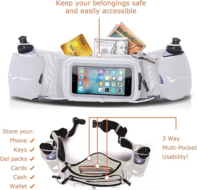 No.1 Hydration Belt by Runtasty - Premium Running Fuel Belt w/2 BPA-Free 10 oz Water Bottles, Tilt-Up Pocket w/Touchscreen-Ready Cover - Fits All iPhones, Runners Ebook & No-Bounce Design