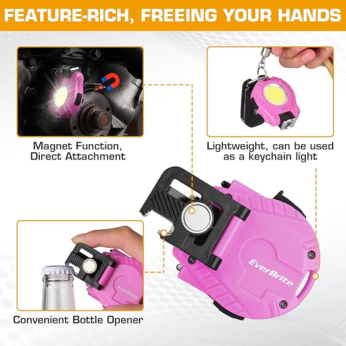 EverBrite Keychain Work Light, Hat Clip Light, Mini Rechargeable Magnetic Keychain Light with Sensor Mode, Versatile Small Keychain Flashlights, Portable, Waterproof for Camping, Hiking, 6 Modes, Pink