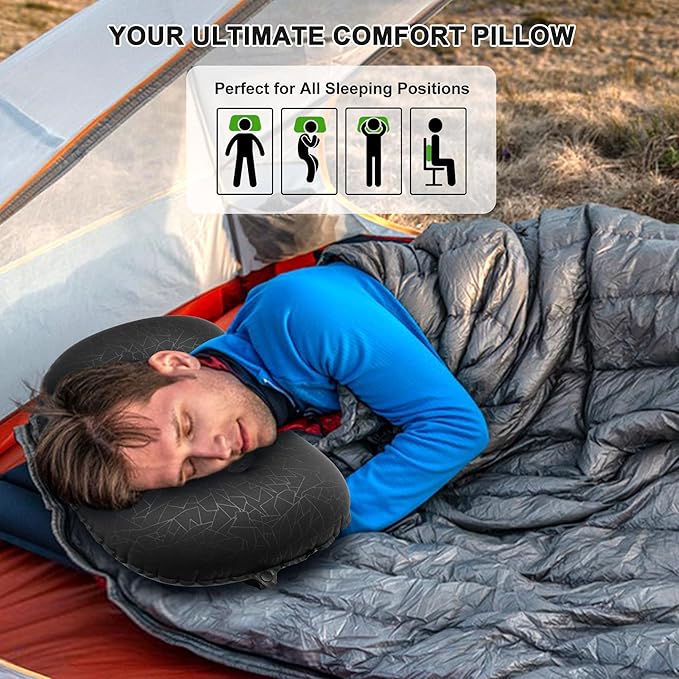 Inflatable Camping Pillow, Travel Blow Up Air Pillow, Neck Lumbar Support Ultralight Compact Pillow for Outdoor Hiking Backpacking Car Beach Airplane Sleeping Essentials, Black
