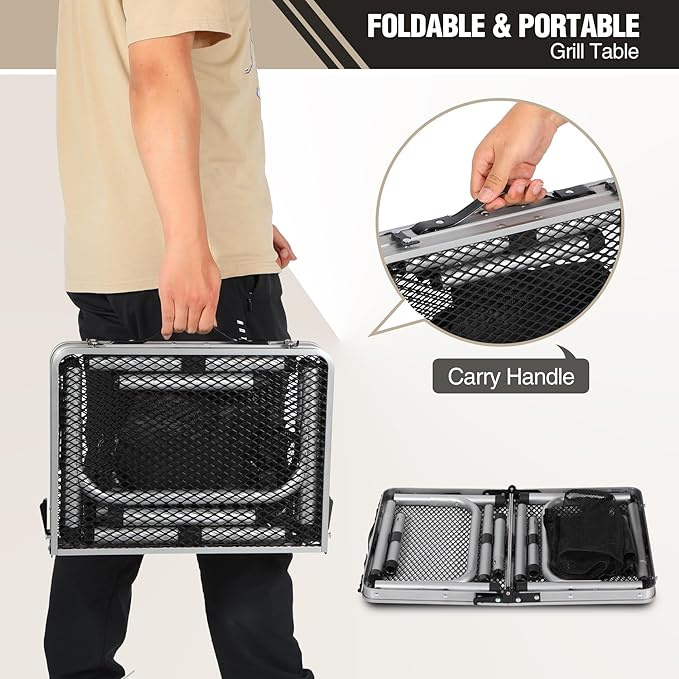 REDCAMP Small Folding Grill Table for Outside, 2Ft Lightweight 4 Height Adjustable Portable Metal Table with Mesh Desktop, Outdoor Table for Camping Picnic Beach and BBQ, Silver