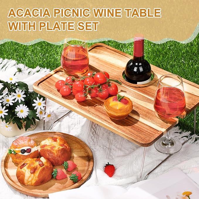 Picnic Foldable Wine Table with Natural Wood Plate Kit, Handmade Handle Portable Tray Table with Food Plate for 2 Outdoor Camping Picnic Wine Set Gift for Couples (Dark Color)