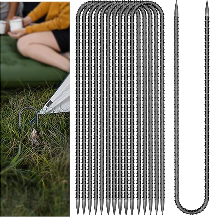 20 PCS Trampoline Stakes Anchors High Wind Heavy Duty,U Shaped Garden Hooks Stakes for Ground,Trampoline Tie Downs Anchor Kit,Bounce Horseshoe House Stake,Rebar Camping Tent Stakes,16 Inch Long Black