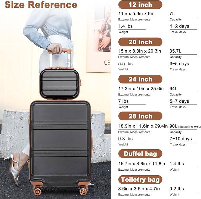 Kono Suitcase Set 3 Piece Luggage Set Expandable(only 28") Carry On Hardside Luggage with TSA Lock Spinner Wheels (Apricot Black, 6 piece set)