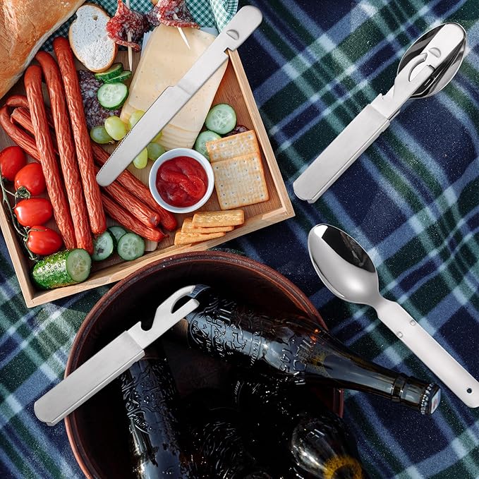 Portable Flatware Silvery Silverware Camping Stainless Steel Cutlery Set Outdoor Travel Knife Fork Spoon Bottle Opener 4 Pieces Foldable Durable Easy to Clean