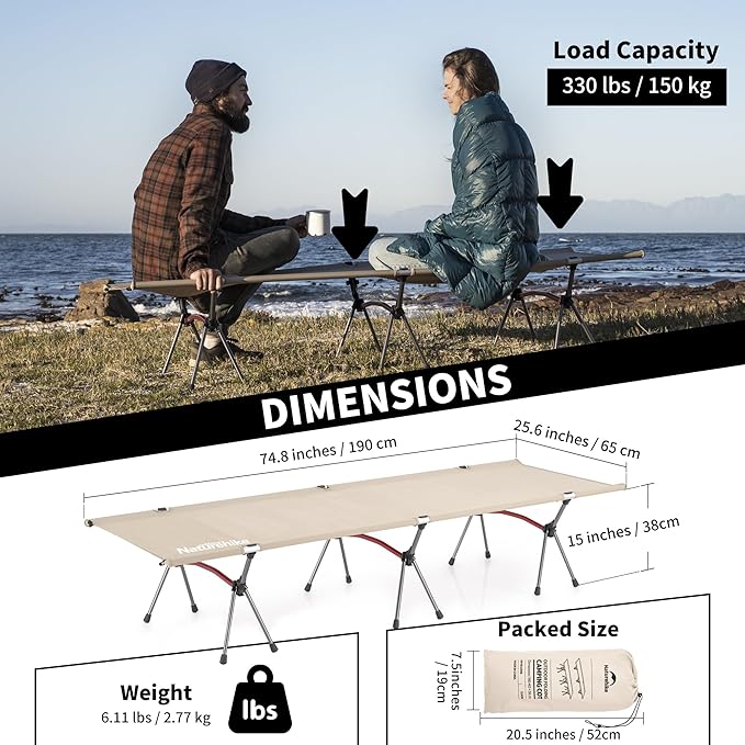 Naturehike ArmyWild Folding Camping Cot, Height Adjustable Ultralight Backpacking Cot, Portable Camping Bed for Camping Hiking Travel Home