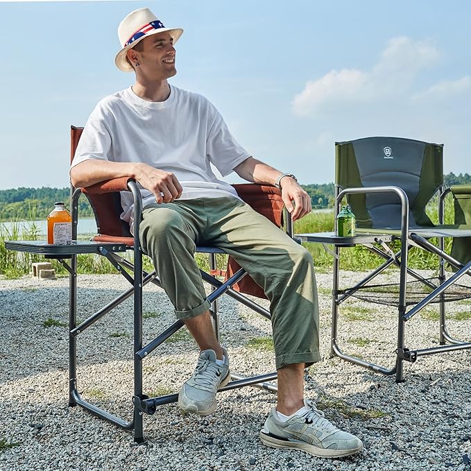 EVER ADVANCED Medium Tall Directors Chair Foldable Makeup Artist Chair Bar Height with Side Table Cup Holder and Pocket Footrest, Supports 400LBS (Red Brown, Seat Height: 23.2 inches)