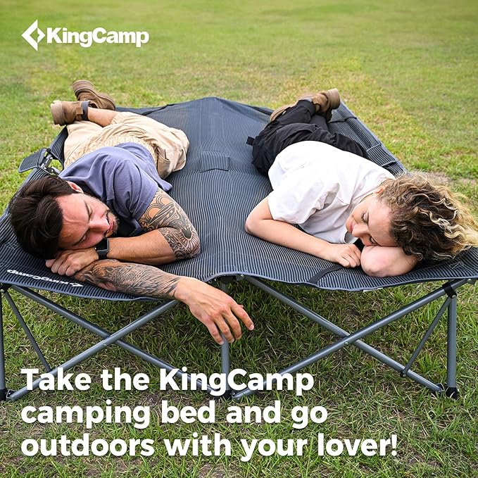 KingCamp 2 Person Queen Size Camping Cot, Folding Portable Double 550lbs Heavy Duty Oversized Large XXL Wide Foldable Sleeping Bed with Carry Bag for Two Adult Outdoor Travel Tent, Grey
