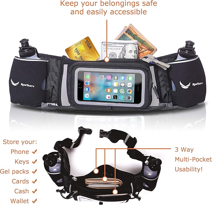 No.1 Hydration Belt by Runtasty - Premium Running Fuel Belt w/2 BPA-Free 10 oz Water Bottles, Tilt-Up Pocket w/Touchscreen-Ready Cover - Fits All iPhones, Runners Ebook & No-Bounce Design