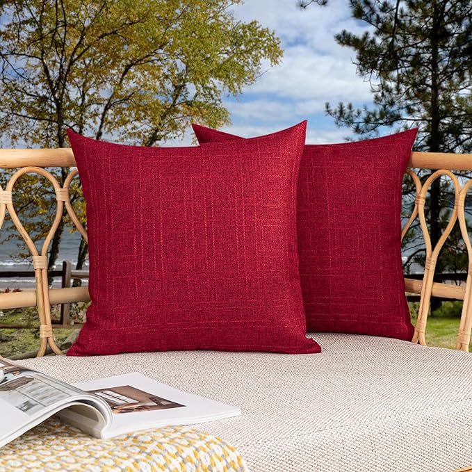 Kevin Textile Pack of 2 Decorative Outdoor Waterproof Throw Pillow Covers Checkered Pillowcases Classic Cushion Cases for Patio Couch Bench 16 x 16 Inch Red