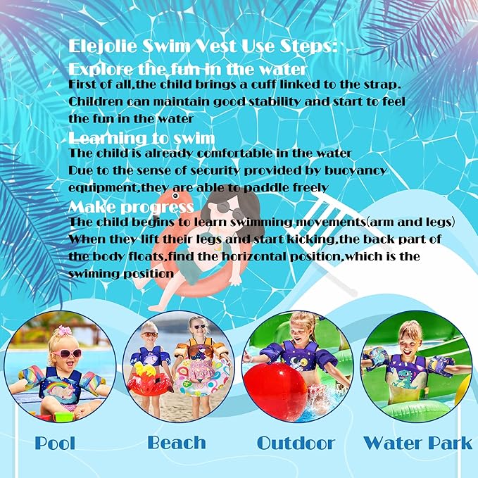 Elejolie Toddler Swim Vest for Child Learn Swiming Training,Infant Safety Swimmies Aid Jacket for Kids 2 3 4 5 6 Years Old,Arm Water Wings for Baby 22-66lbs