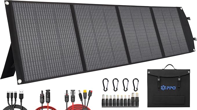 PPQ 200W Portable Solar Panel Kit 18V/12A,14lb Foldable Briefcase Solar Charger w/ 24% Efficiency,4 Cables & 16 Outputs for All Camping Power Station, RV Battery, Phones, IP67 Waterproof