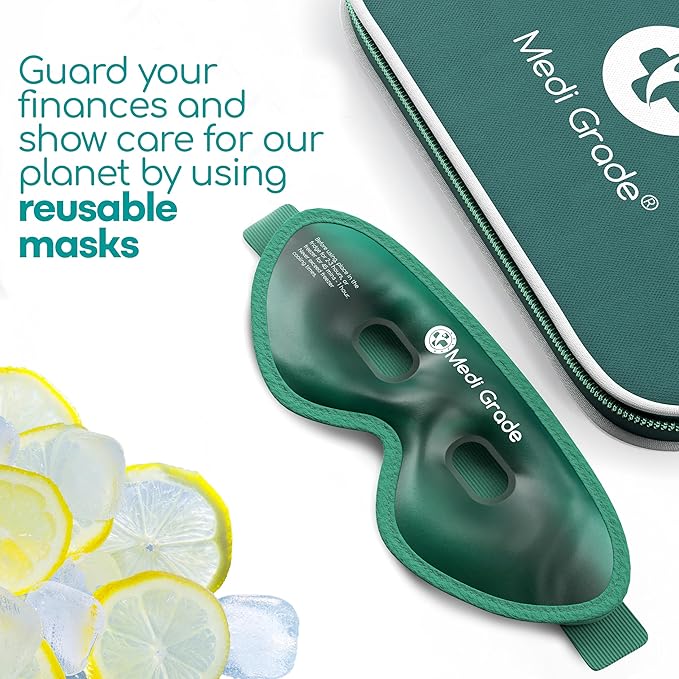 Medi Grade Cooling Eye Mask for Puffy Eyes, Allergies, Sinuses - Reusable Gel Eye Mask and Cooling Pads with Thermo-Bag for Dark Circles, Hangovers and Migraine Relief - Cold Eyemask