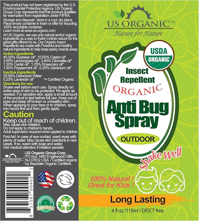 US Organic Mosquito Repellent Anti Bug Outdoor Pump Spray, 4 oz, Certified Organic, DEET-Free, Natural Insect Protection for Camping, Hiking, Travel
