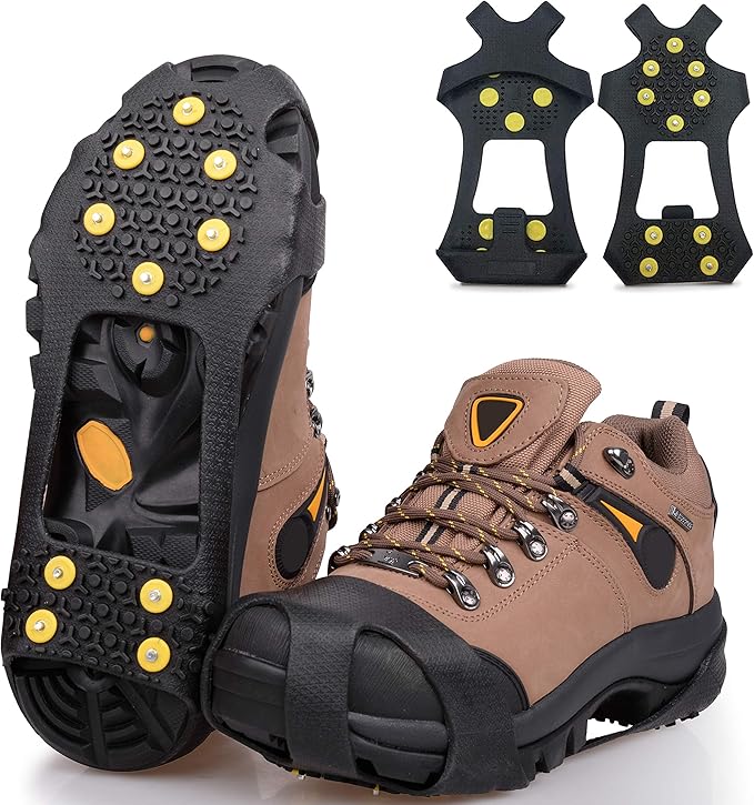 Ice Snow Cleats for Shoes Boots,Walk Traction Cleats Rubber Crampons Anti Slip 10-Stud Winter Ice Cleat Slip-on Stretch Footwear for Women Men Kids