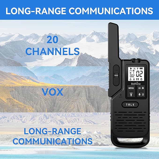 One BelFone Long Range Walkie Talkie,20 Channels Professional Two Way Radio,IP54 Waterproof Walkie Talkies for Adults,with Flashlight, Stopwatch,Compass,Radio and SOS Sire,Support VOX Function