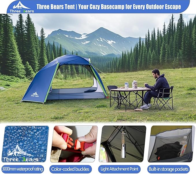 ThreeBears 4-Person Backpacking Tent Shelter, 3000mm Waterproof, Easy Setup, Spacious for Family Outdoor Adventures, Hiking, and Camping Trips