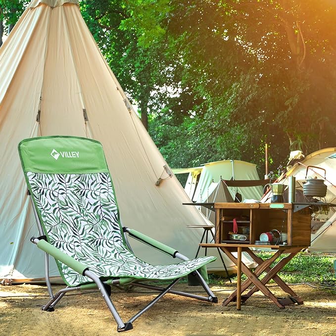 VILLEY Low Beach Chairs for Adults 2 Pack, High Back Folding Chairs, Lightweight and Portable for Outdoor, Camping, Lawn, with Cup Holder and Carry Bag - Green Tropical Leaves