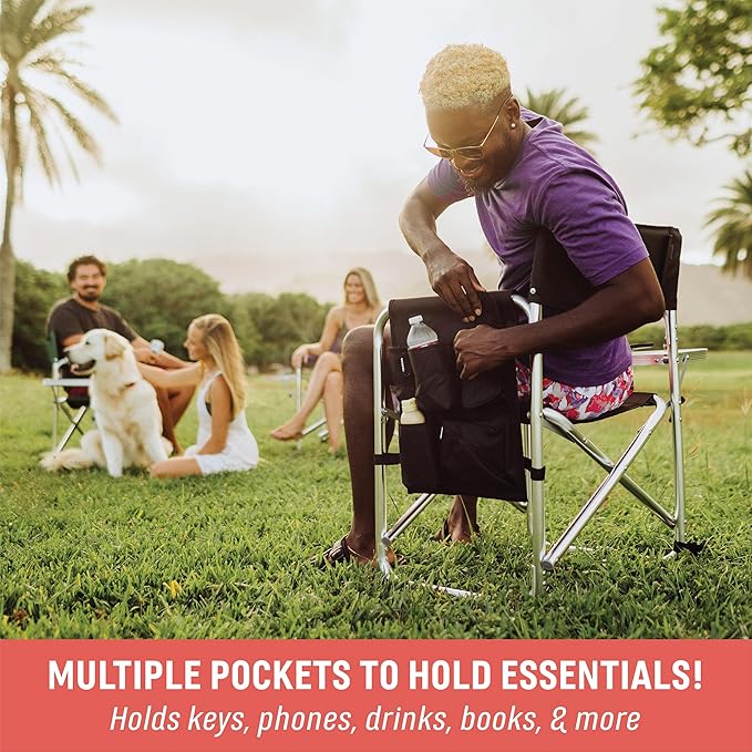 PICNIC TIME Sports Chair with Side Table, Outdoor Foldable Padded Adult Camping Chairs with Cup and Accessory Panel for Lawn, Beach, & Sports Use for Adults, 300-lbs Capacity, (Pink Stripe Accents)