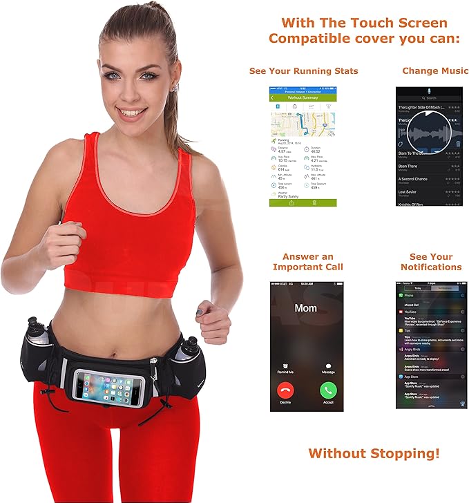 No.1 Hydration Belt by Runtasty - Premium Running Fuel Belt w/2 BPA-Free 10 oz Water Bottles, Tilt-Up Pocket w/Touchscreen-Ready Cover - Fits All iPhones, Runners Ebook & No-Bounce Design