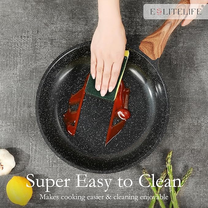 ESLITE LIFE Nonstick Ceramic Frying Pan Skillet, Non-Toxic Egg Omelette Kitchen Cooking Pans Compatible with All Stovetops (Gas, Electric & Induction), PTFE & PFOA Free (Black, 8'')