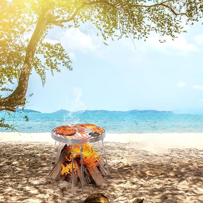 Lineslife Folding Campfire Tripod for Cooking, Portable Camping Tripod Stand with Grill Grate for Solo Stove Bonfire Fire Pit, Dutch Oven, Open Fire, Stainless Steel