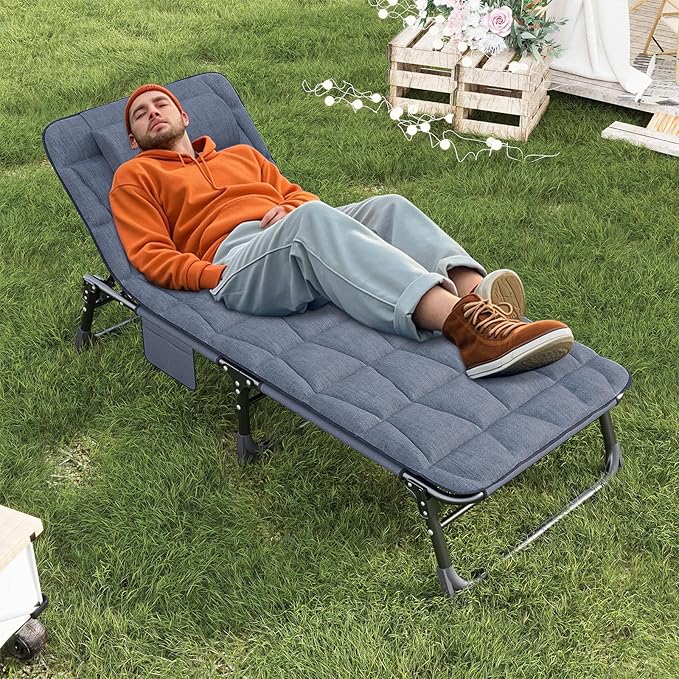 ATORPOK Folding Camping Cot for Adults with Padded Mattress and Pillow, Adjustable Reclining Lounger Sleeping Cot Bed, Ideal for Camping, Travel, Garden, or Office Use, Blue