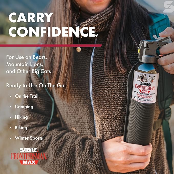 SABRE Frontiersman MAX Bear Spray – 40 ft Range, Maximum Strength, The Only EPA-Registered Spray for Bears & Mountain Lions, 7.9 oz, Glow Safety Clip, Outdoor Hiking & Camping Protection