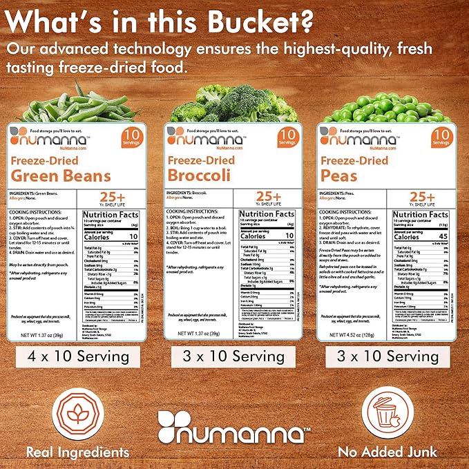 Numanna Mega Emergency Freeze-Dried 6 Vegetables Buckets 600 Servings Contains Peas, Green Beans & Broccoli | Non-GMO, No Preservatives, No MSG Camping & Emergency Survival Food 25 Years Shelf Life