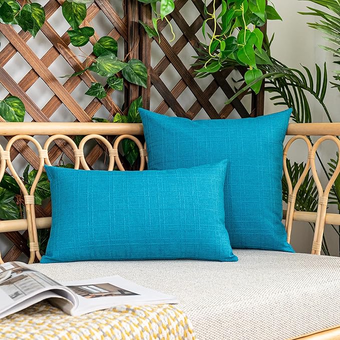 Kevin Textile Pack of 2 Outdoor Waterproof Throw Pillow Covers Decorative Farmhouse Checkered Square Solid Cushion Cases for Patio Garden Porch Sofa Peacock Blue 18x18 inch