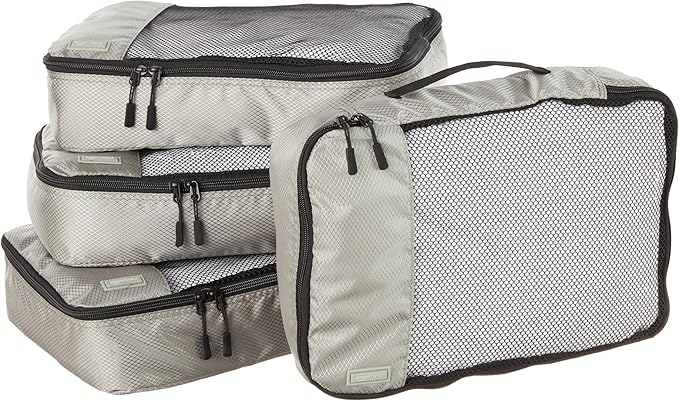 Amazon Essentials 4-Piece Packing Cubes Travel Accessories Set, Luggage Organizer with Double Zipper, Mesh Top, 100% Polyester, Medium, Gray (Previously Amazon Basics)