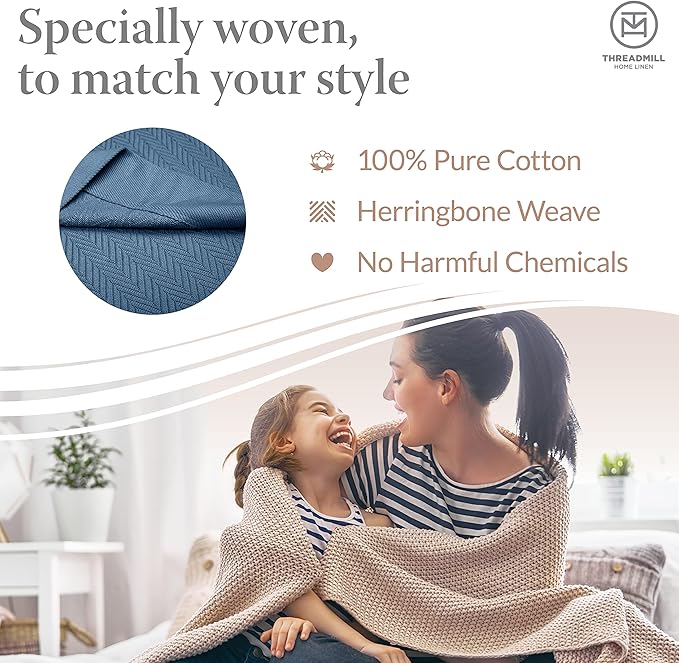 Threadmill Luxury Cotton Blankets for Twin Size Bed | All-Season 100% Cotton Twin Blanket for Bed | Herringbone Soft & Cozy Fall Thermal Blanket, 350GSM, 68x92 inches | Folkstone Blue