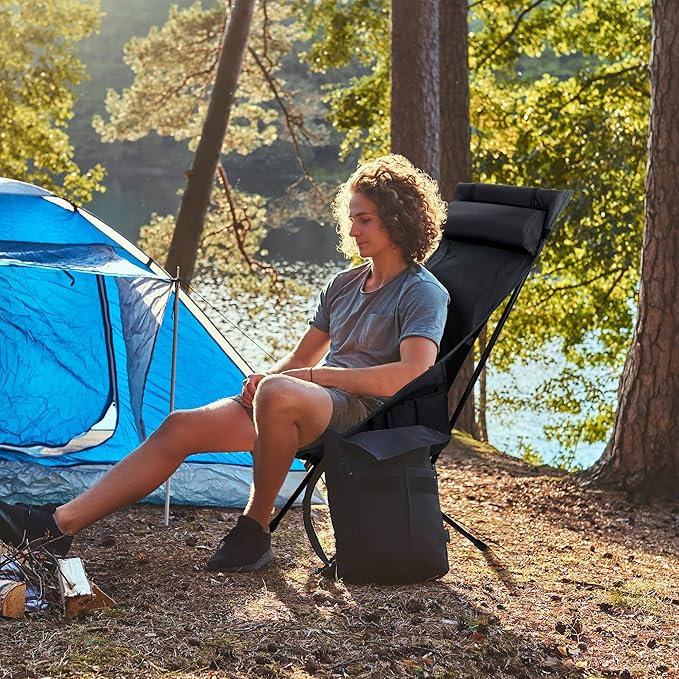 Portable High Back Camping Chair, Support Heavy Duty 440 lbs, Lightweight Folding Chair with Adjustable Pillow for Hiking, Beach, Backpacking