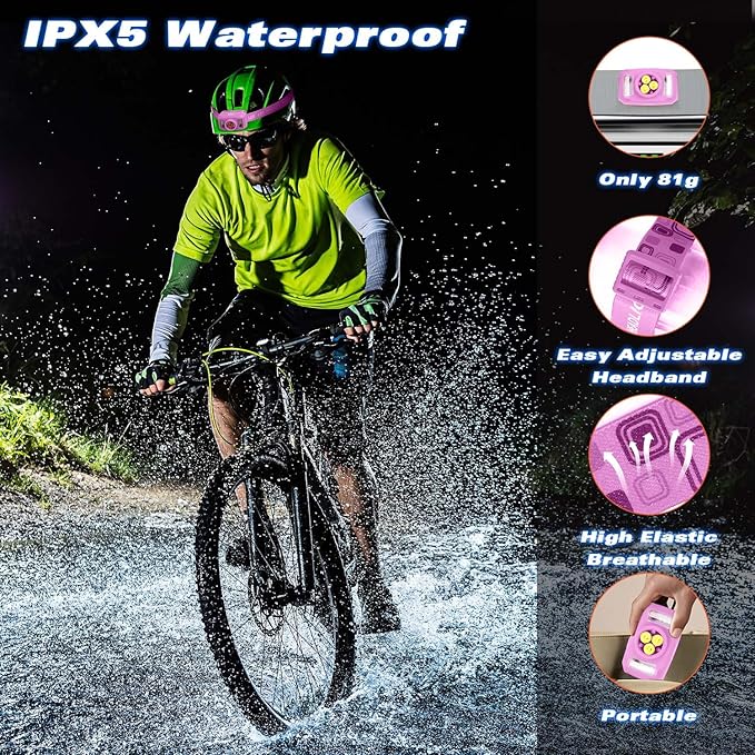 Rechargeable Headlamp Flashlight,12000 Lumens Super Bright LED Head Torches,Sensor Control, 6 Light Settings, IPX5 Waterproof & Lightweight, Ideal for Camping, Running & Hiking Outdoor (2, Pink)