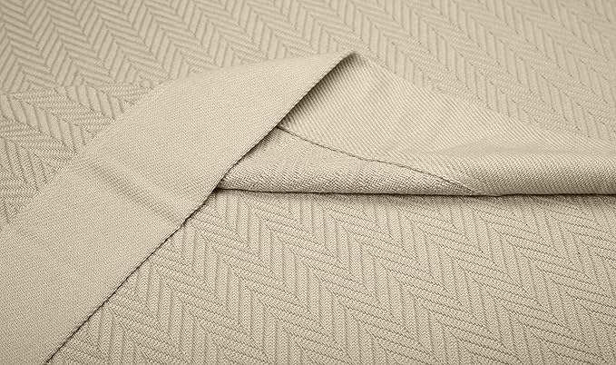 Threadmill Luxury Cotton Blankets for Queen Size Bed | All-Season 100% Cotton Queen Size Blanket | Herringbone Cozy, Soft Breathable Fall Thermal Blanket fits Full Size Bed, 90x92 | Beige