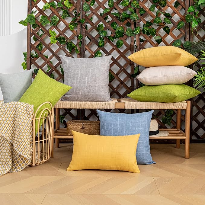 Kevin Textile Pack of 2 Decorative Outdoor Waterproof Throw Pillow Covers Checkered Pillowcases Classic Cushion Cases for Patio Couch Bench 16 x 16 Inch Yellow