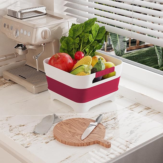 2.4 Gal Collapsbile Wash Basin with Drian Plug,9L Dish Pan for Soaking Baby Bottles,Portable Sink, Multiuse Foldable Bucket,Ice Beverage Tubs for Camping, Vegetable Washing, RV (Viva Magenta)