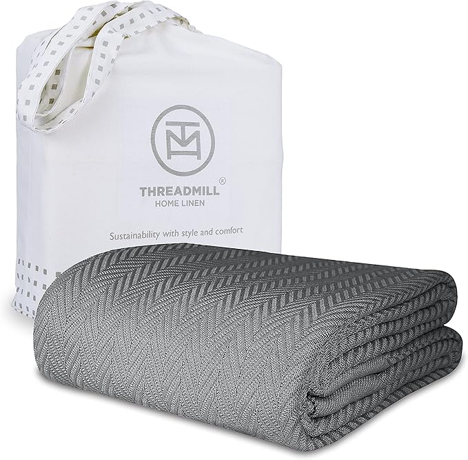 Threadmill Luxury Cotton Blankets for Queen Size Bed | All-Season 100% Cotton Queen Size Blanket | Herringbone Cozy, Soft Breathable Fall Thermal Blanket fits Full Size Bed | Dark Grey