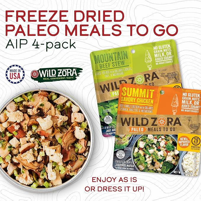 Wild Zora Paleo Freeze Dried Meals for Backpacking & Camping - Healthy Gluten Free & Grain Free Camping Meals/Backpacking Food + No Added Sugar - Great for Travel (AIP 4-pack)
